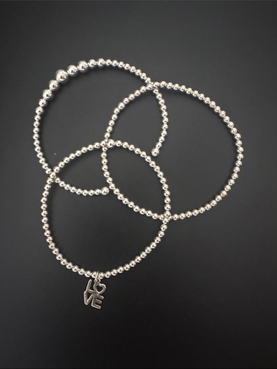 KimberlyJordyn Jewelry - NWOT Sterling Silver Beaded Stretch/Cuff Bracelet Trio with LOVE Charm